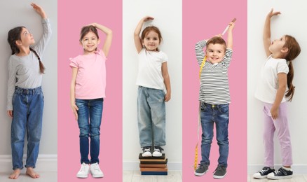 Image of Cute children measuring their heights near white wall and pink background, collage of portraits