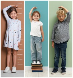 Image of Cute children measuring their heights near colorful walls, collage of portraits