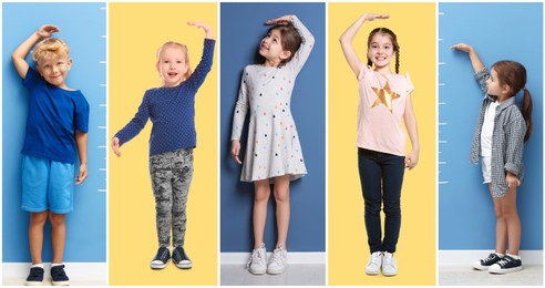 Image of Cute children measuring their heights near blue wall and yellow background, collage of portraits