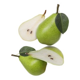 Image of Fresh green pears flying in air on white background