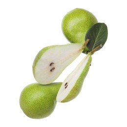 Image of Fresh green pears flying in air on white background