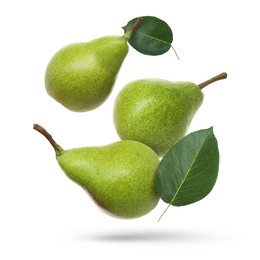 Image of Fresh green pears flying in air on white background