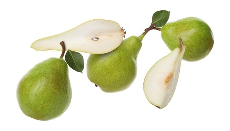 Image of Fresh green pears flying in air on white background
