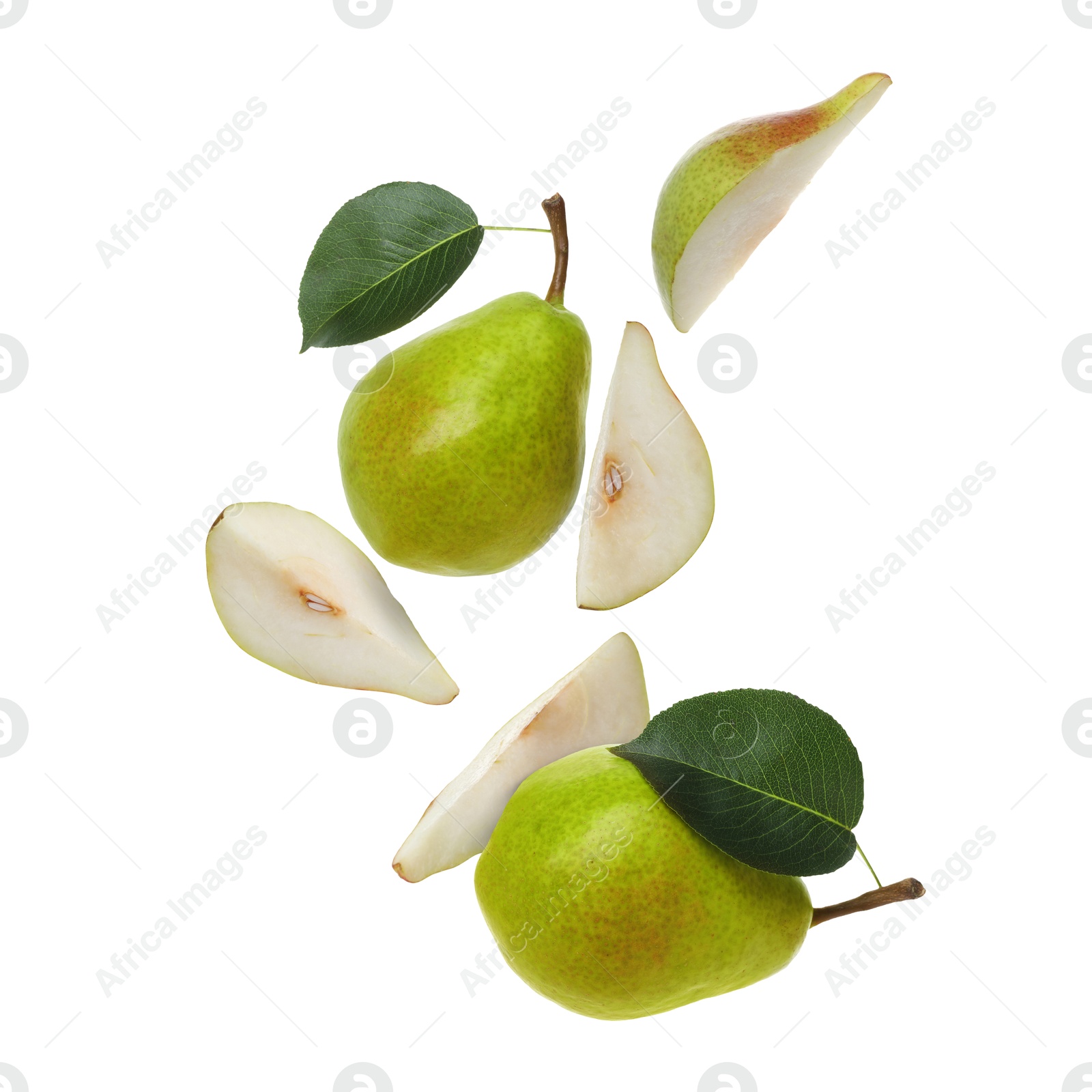 Image of Fresh green pears flying in air on white background
