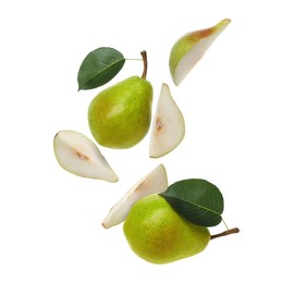 Image of Fresh green pears flying in air on white background