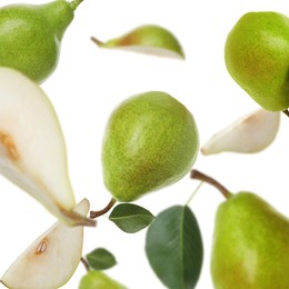 Image of Fresh green pears flying in air on white background