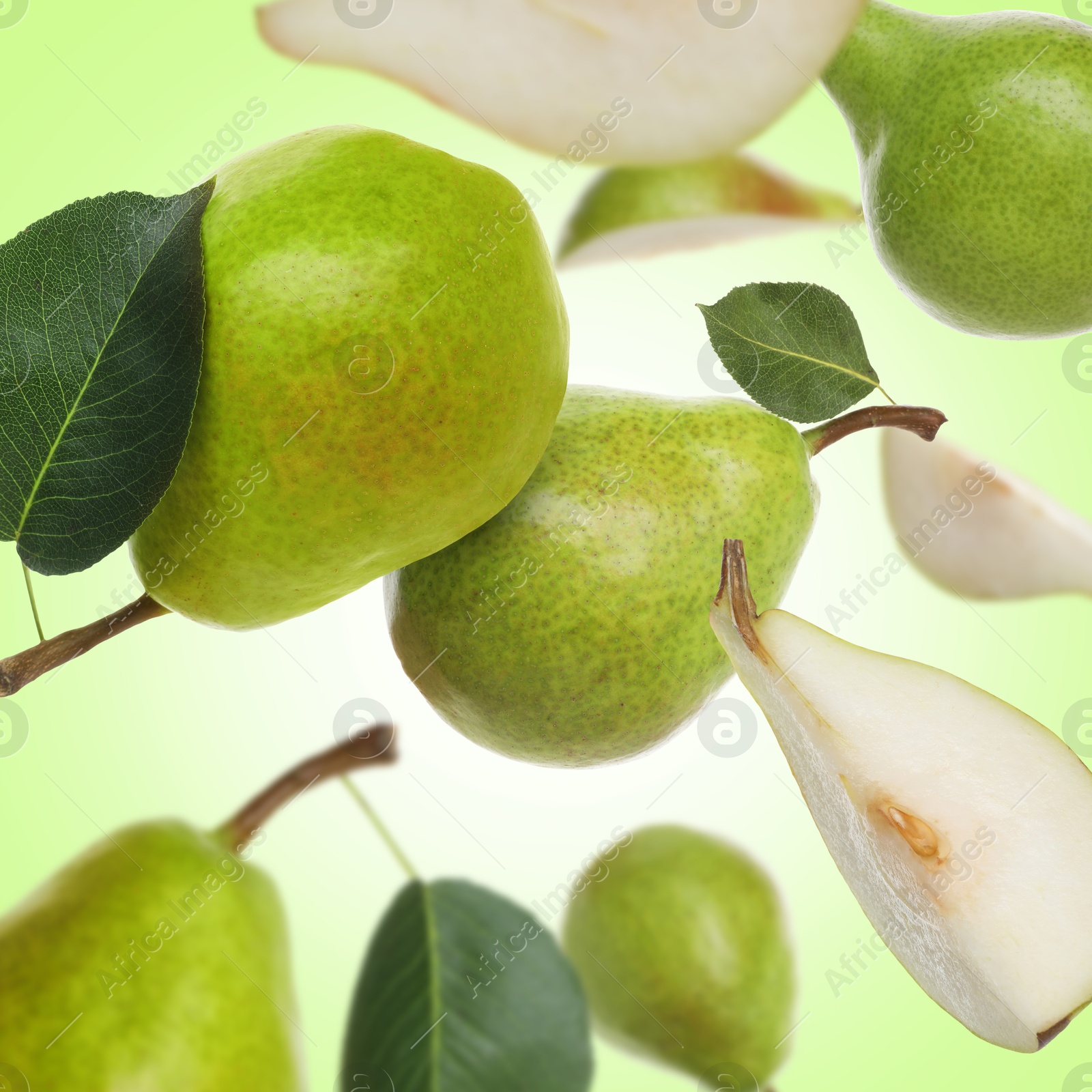 Image of Fresh green pears flying in air on color background