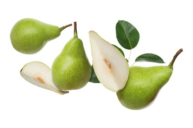 Image of Fresh green pears flying in air on white background