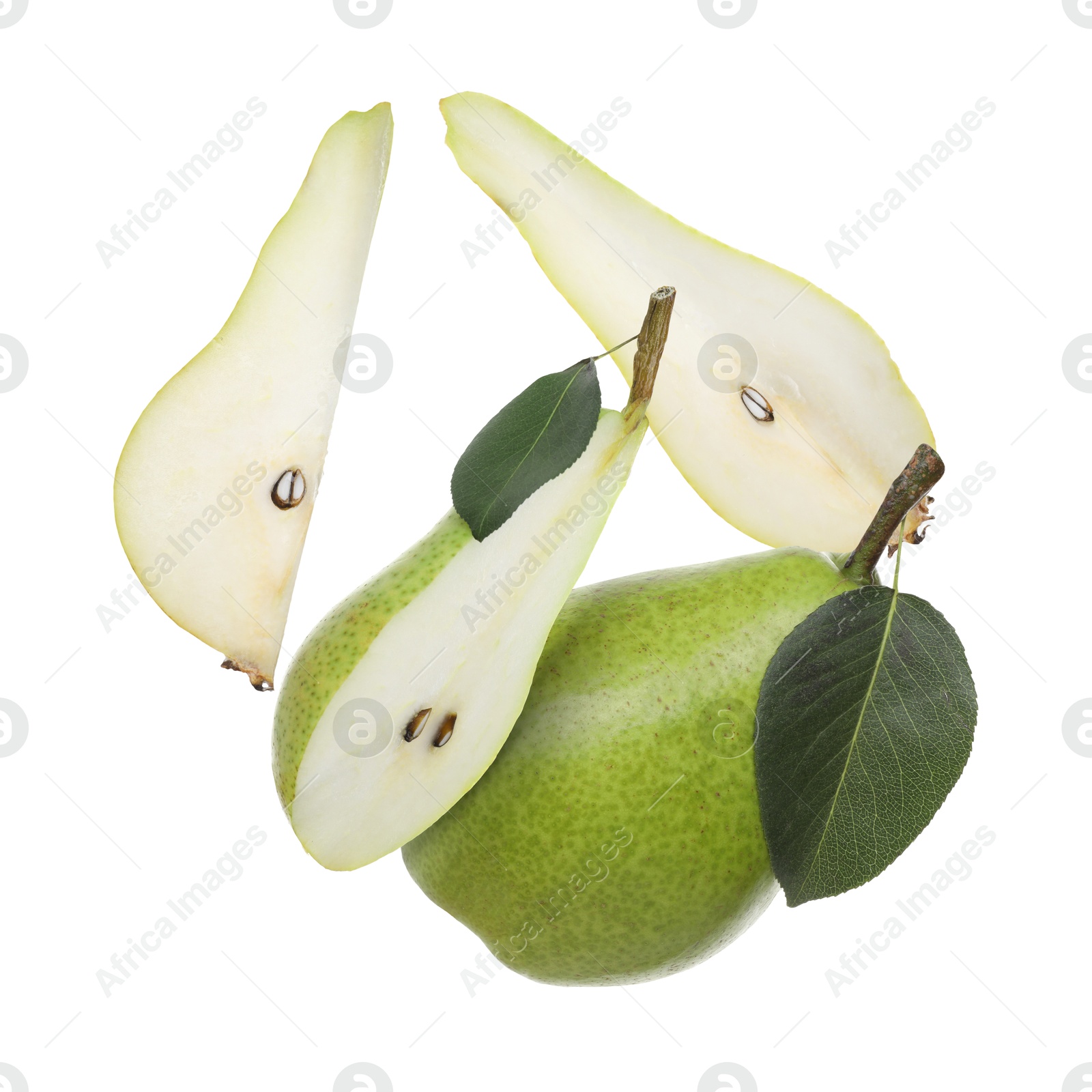 Image of Fresh green pears flying in air on white background