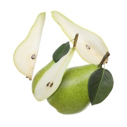 Image of Fresh green pears flying in air on white background