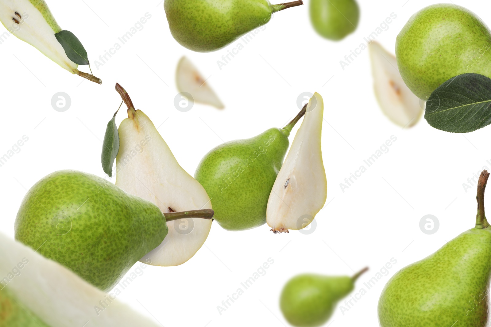 Image of Fresh green pears flying in air on white background
