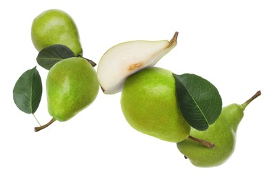 Image of Fresh green pears flying in air on white background