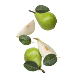 Image of Fresh green pears flying in air on white background