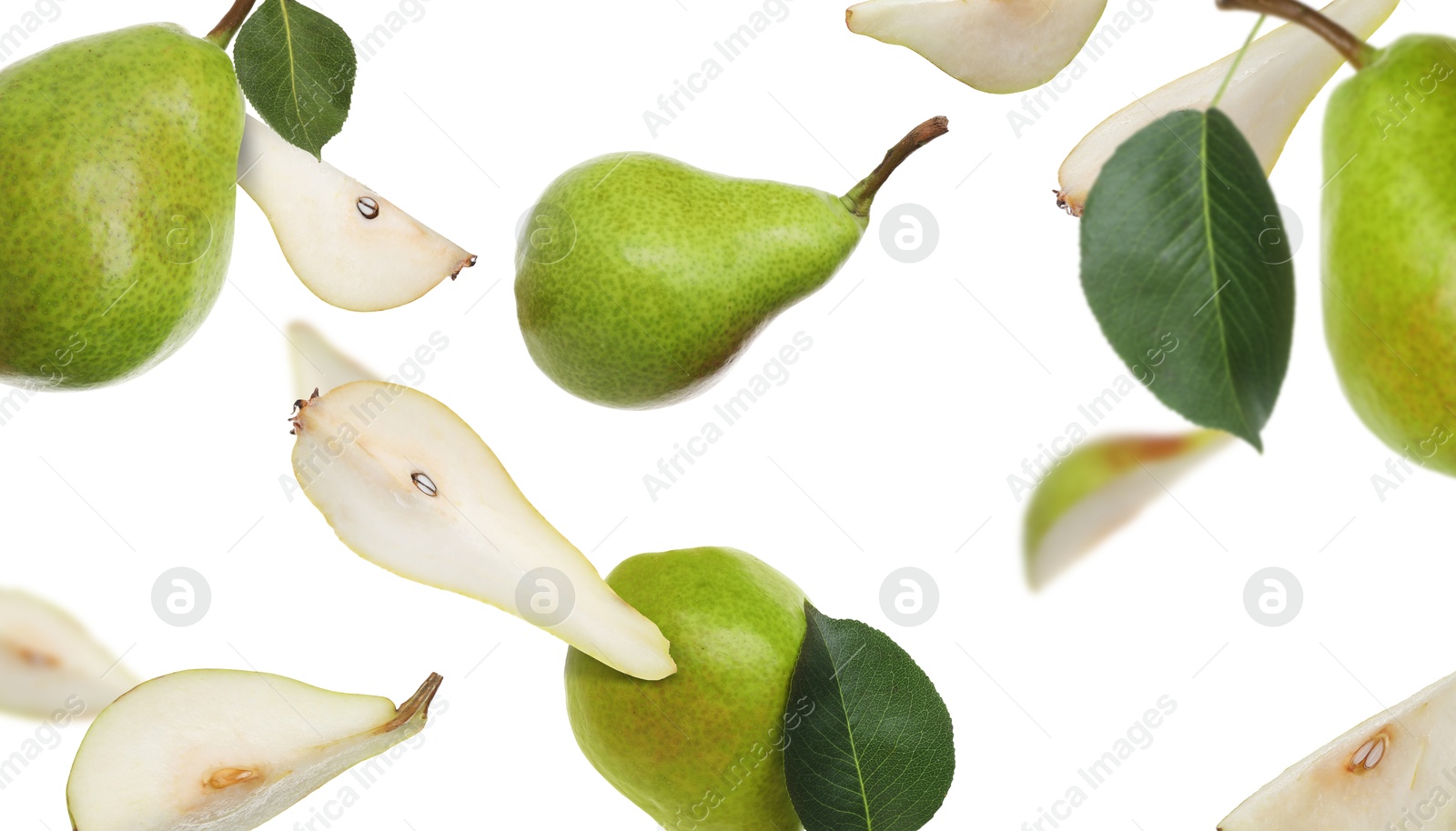 Image of Fresh green pears flying in air on white background