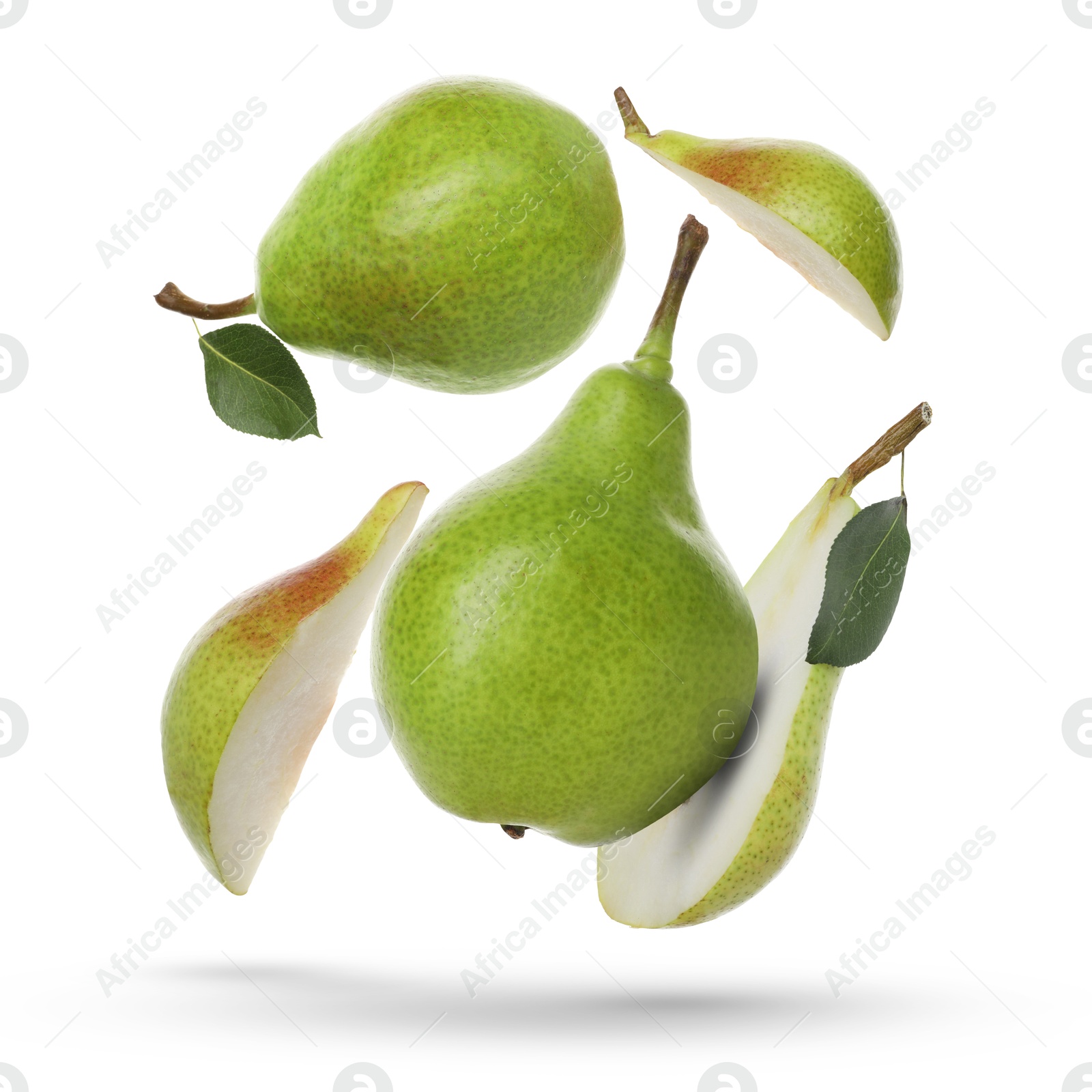 Image of Fresh green pears flying in air on white background