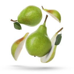 Image of Fresh green pears flying in air on white background