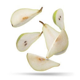Image of Slices of green pears flying in air on white background