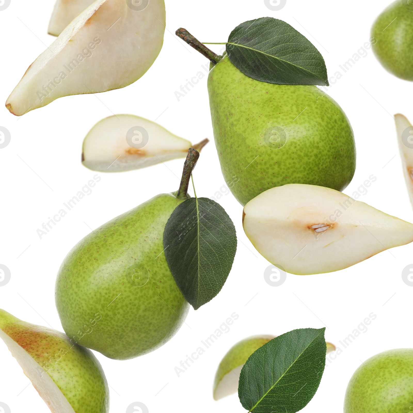 Image of Fresh green pears flying in air on white background