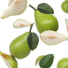 Image of Fresh green pears flying in air on white background