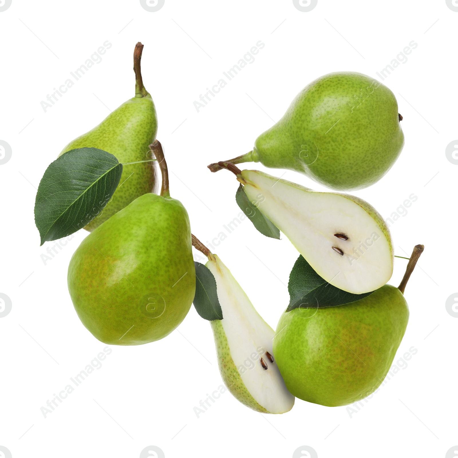Image of Fresh green pears flying in air on white background