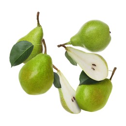 Image of Fresh green pears flying in air on white background