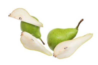 Image of Fresh green pears flying in air on white background