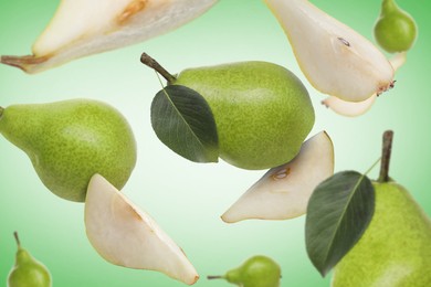 Image of Fresh green pears flying in air on color background