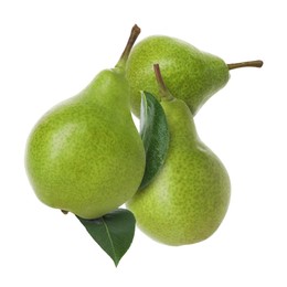 Image of Fresh green pears flying in air on white background