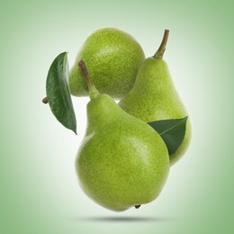 Image of Fresh green pears flying in air on color background