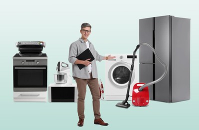 Image of Salesman and home appliances on color gradient background