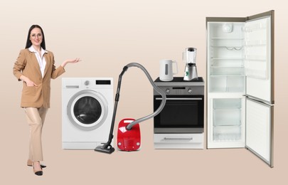 Image of Saleswoman and home appliances on beige gradient background