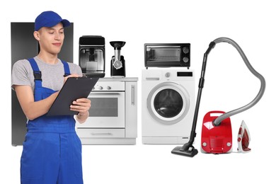 Image of Repair technician and home appliances on white background