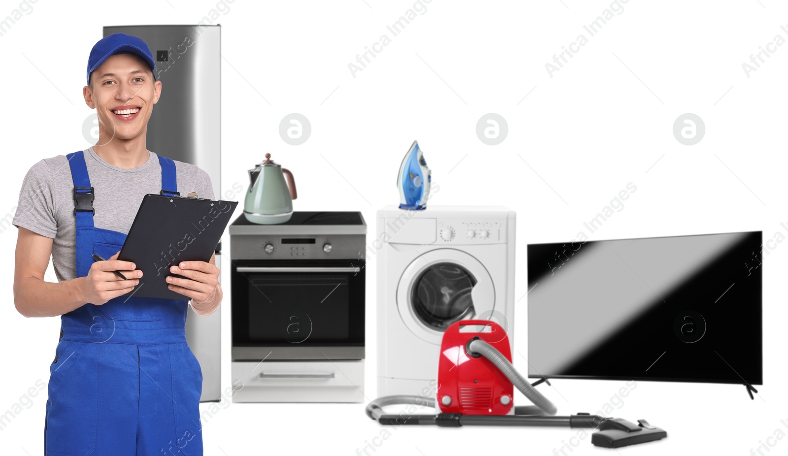 Image of Repair technician and home appliances on white background