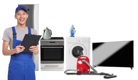 Image of Repair technician and home appliances on white background