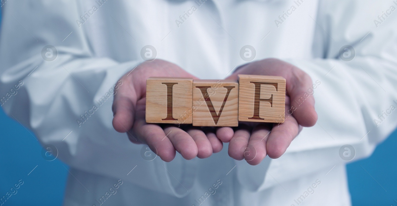 Image of In vitro fertilization. Doctor holding wooden cubes with abbreviation IVF against blue background, closeup. Banner design