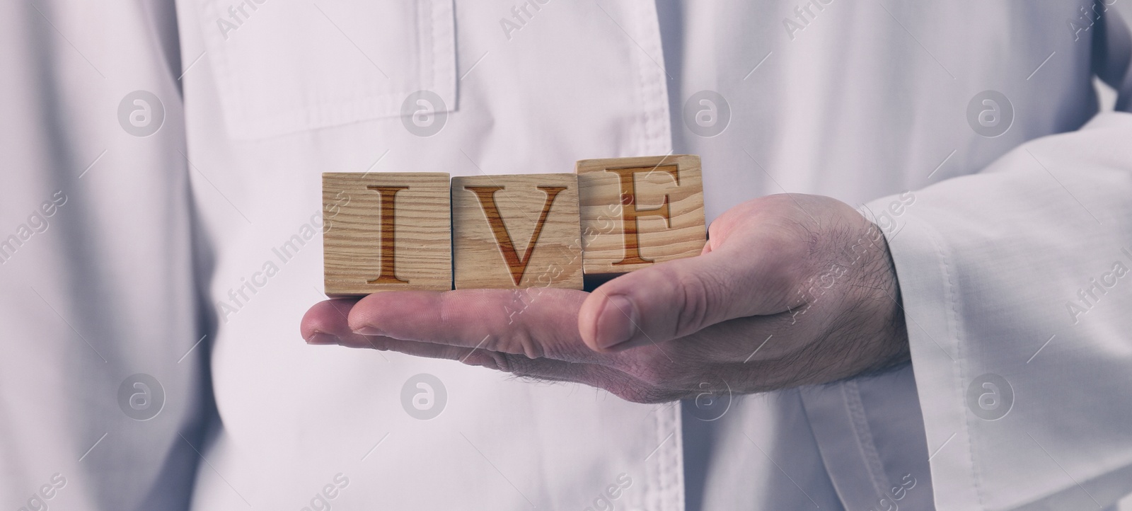Image of In vitro fertilization. Doctor holding wooden cubes with abbreviation IVF, closeup. Banner design
