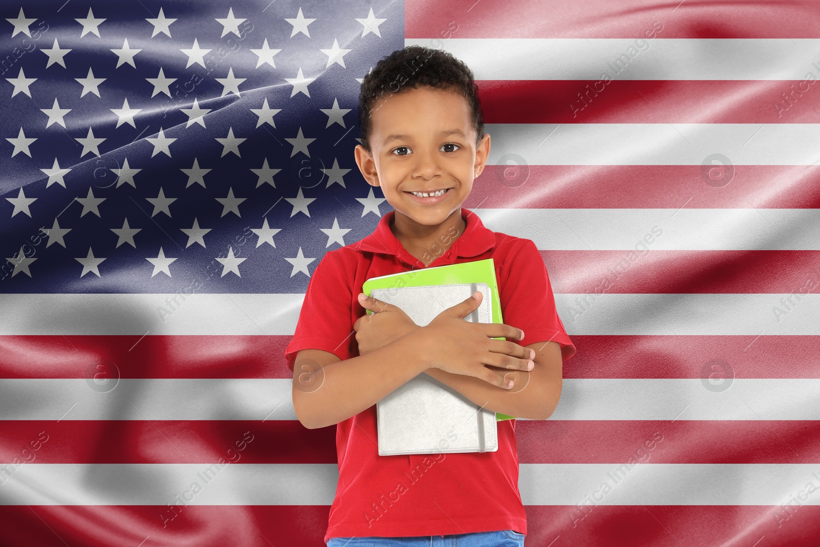 Image of Little boy with notebooks against flag of USA. Language school