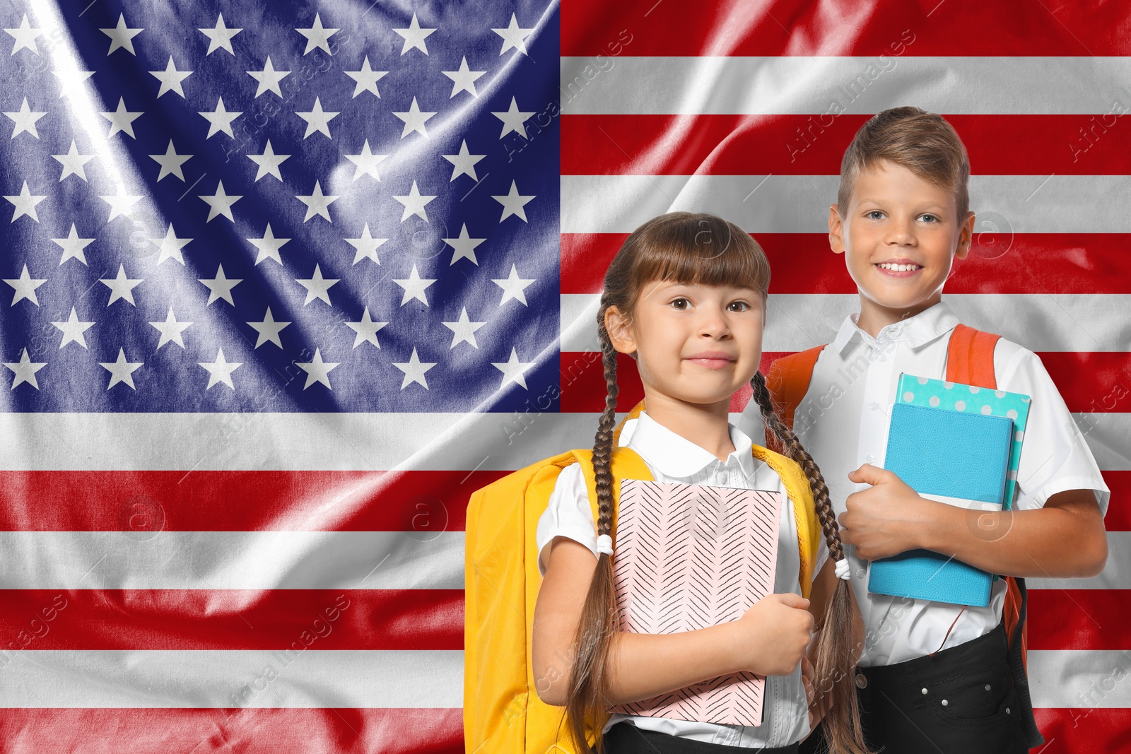 Image of Children with backpacks and notebooks against flag of USA. Language school