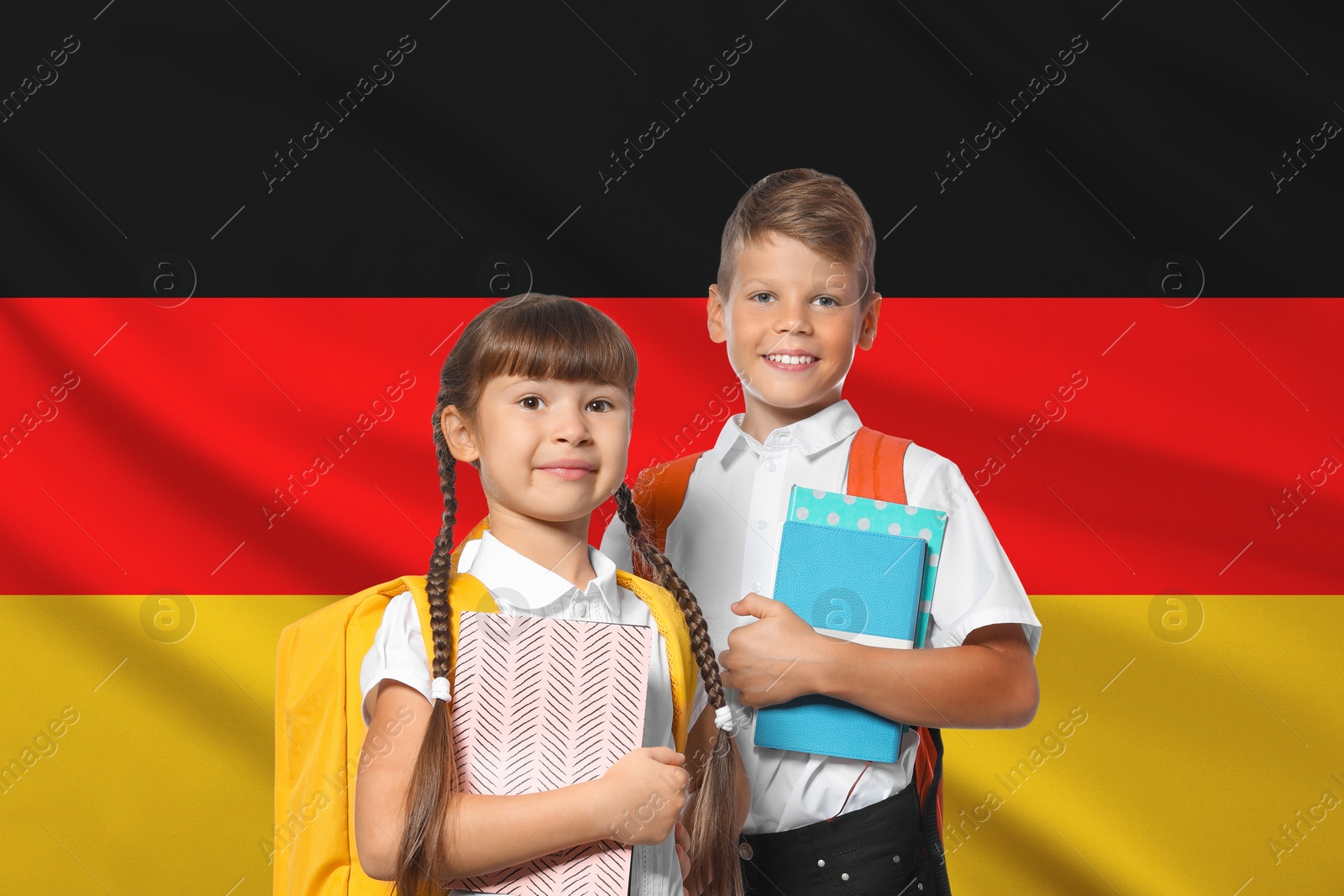 Image of Children with backpacks and notebooks against flag of Germany. Language school