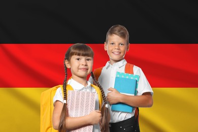 Image of Children with backpacks and notebooks against flag of Germany. Language school