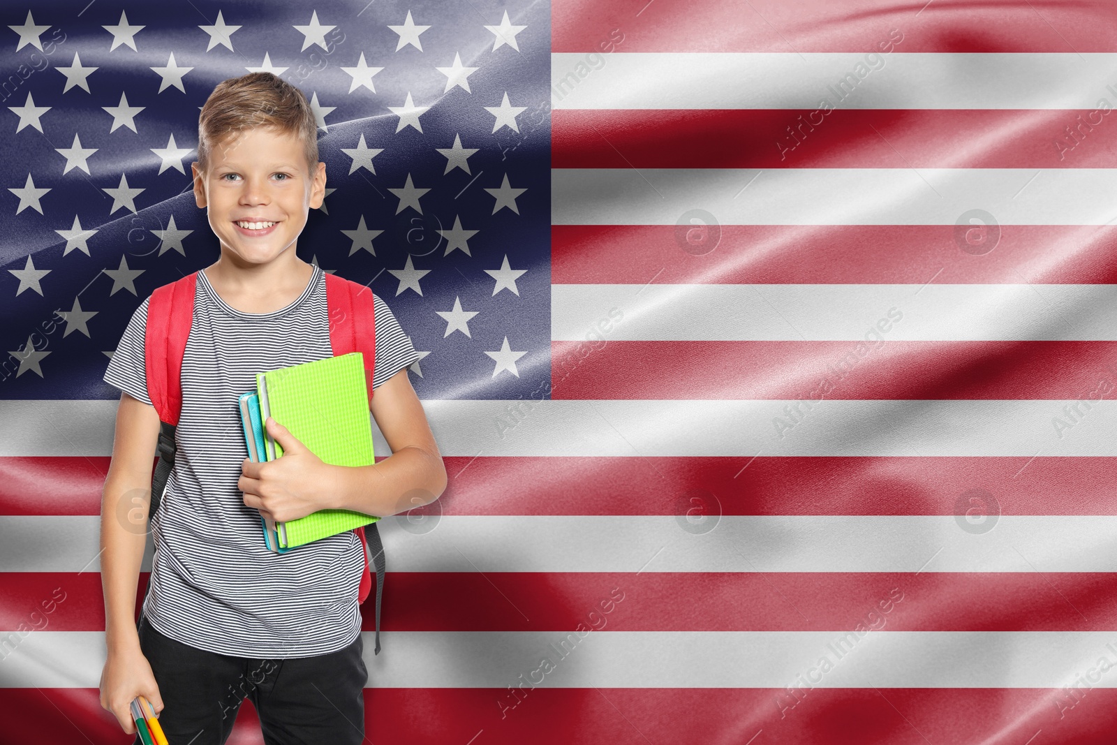 Image of Little boy with backpack and stationery against flag of USA. Language school