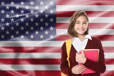 Image of Student with backpack and notebooks against flag of USA. Language school
