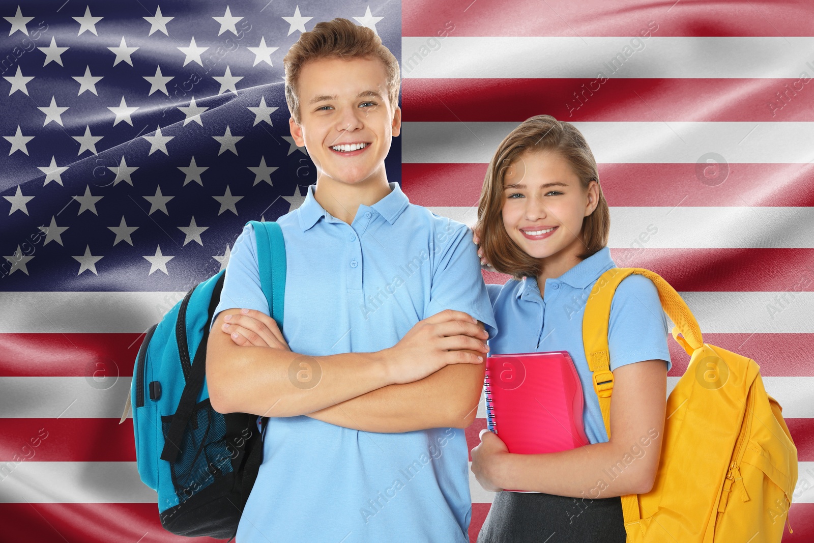 Image of Students with backpacks against flag of USA. Language school