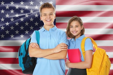Image of Students with backpacks against flag of USA. Language school
