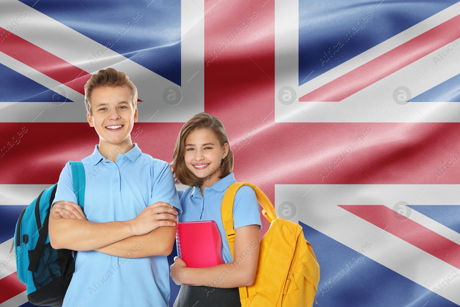 Image of Students with backpacks against flag of United Kingdom. Language school