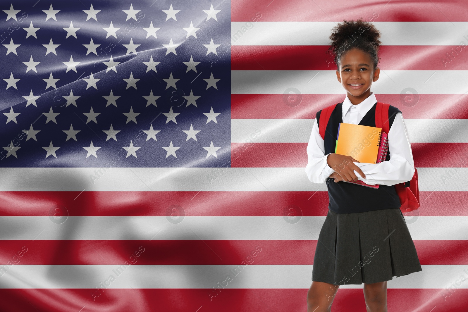 Image of Little girl with backpack and notebooks against flag of USA. Language school