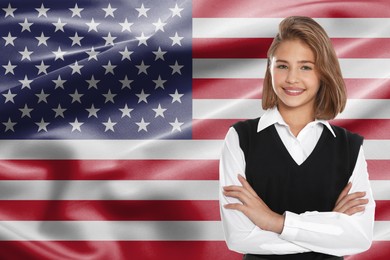 Image of Happy student against flag of USA. Language school