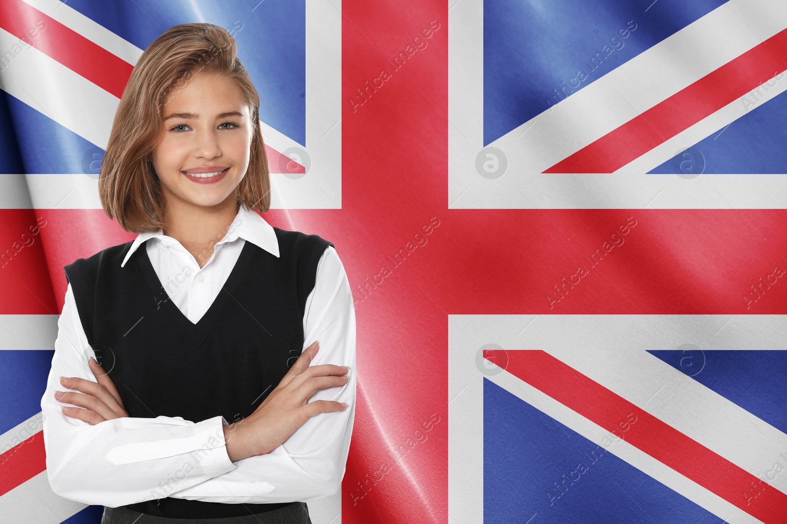 Image of Happy student against flag of United Kingdom. Language school