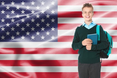 Image of Happy student with backpack and book against flag of USA. Language school