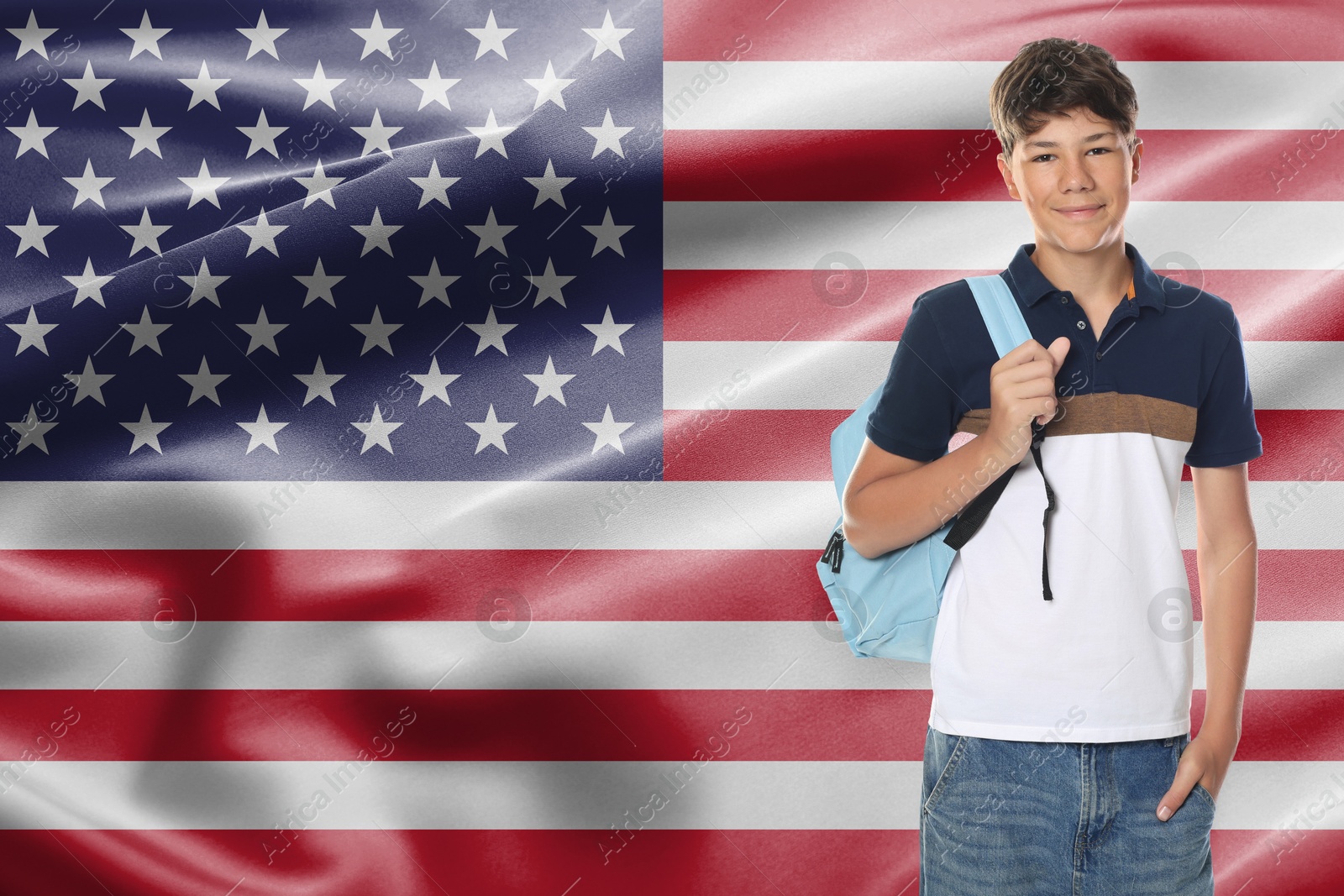Image of Student with backpack against flag of USA. Language school